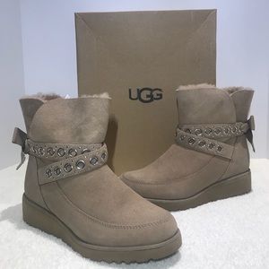 UGG Alisia Fawn Suede Sheepskin Ribbon Bow Boots